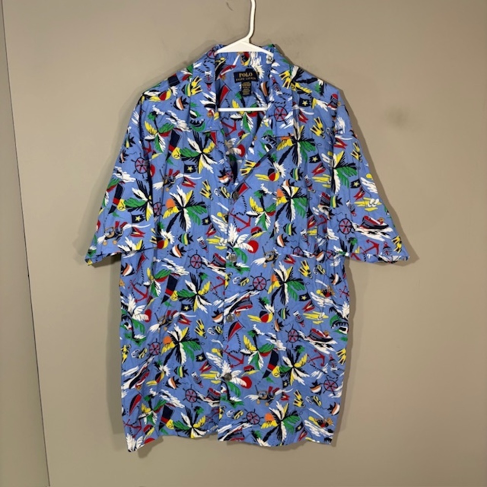 Polo Ralph Lauren Pajama Top Mens XL Blue Nautical Tropical Print Cotton Sleep